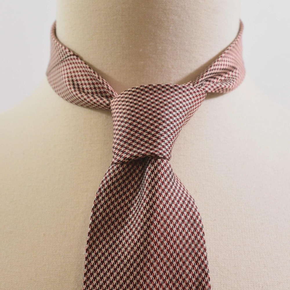 70s Vintage Micro Houndstooth Necktie Mens OS Red Tan Dark Academia Ivy League